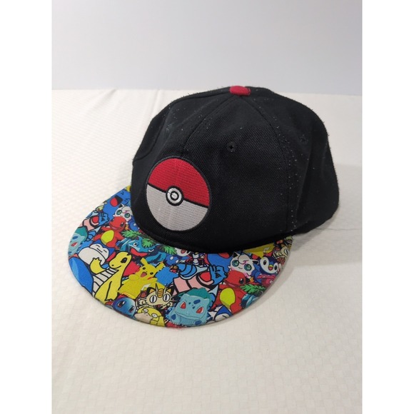 Pokemon Snapback Hat Mens Black One Size Adjustable Flat Brim Embroidered Logo - Picture 1 of 5